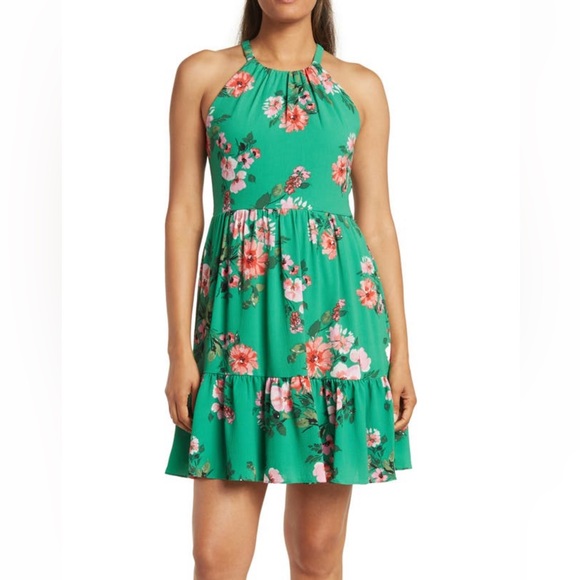 vince camuto printed halter fit & flare dress Dark Green Bell Sleeve Rib Sweater